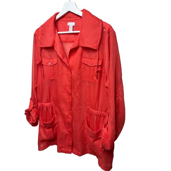 Chicos Sheer Utility Jacket Large Orange Lightweight Button Up - Picture 4 of 12